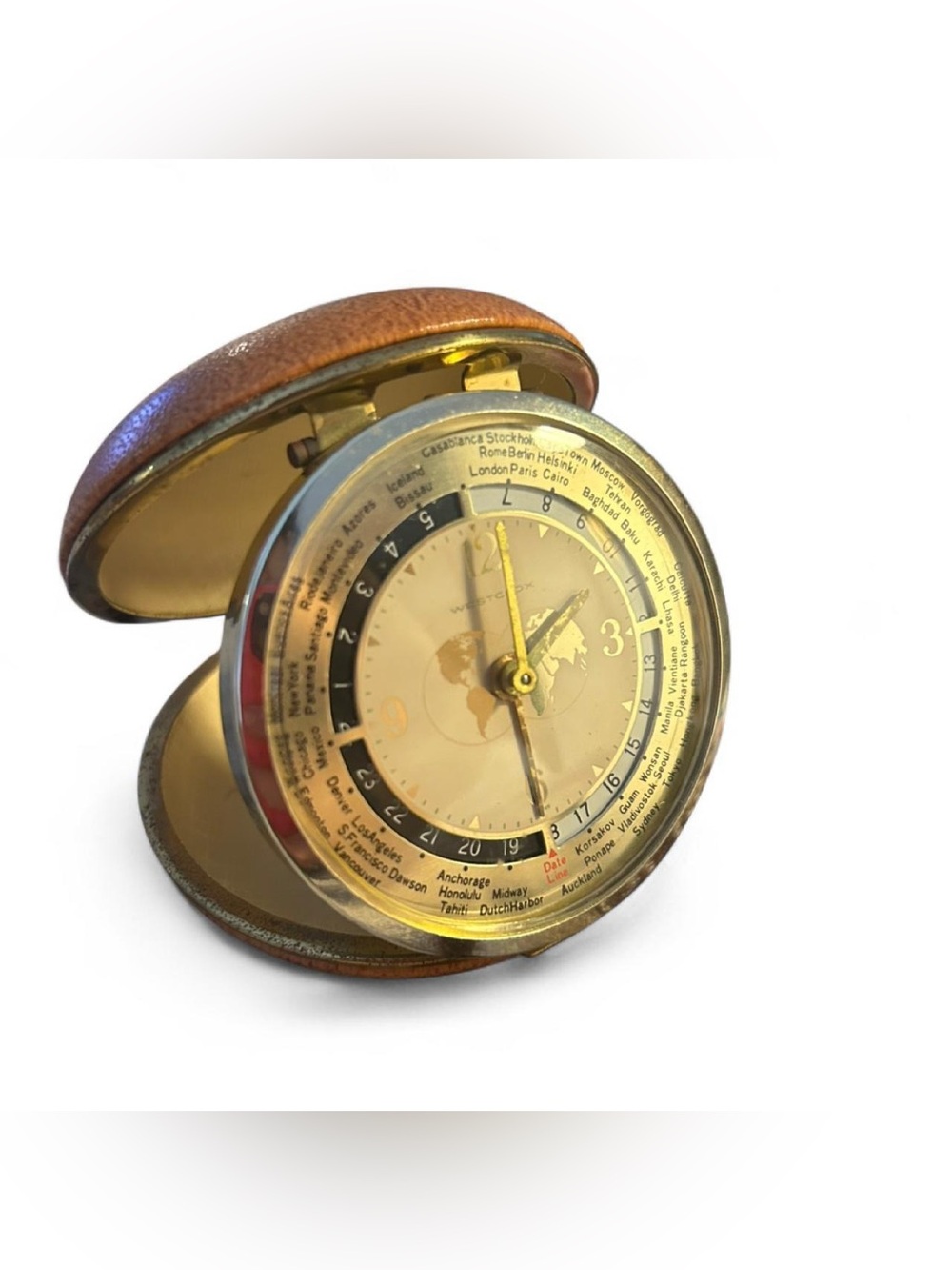 Vintage 1960s Westclox World Time Travel Alarm Clock Gold Clamshell Japan WORKS